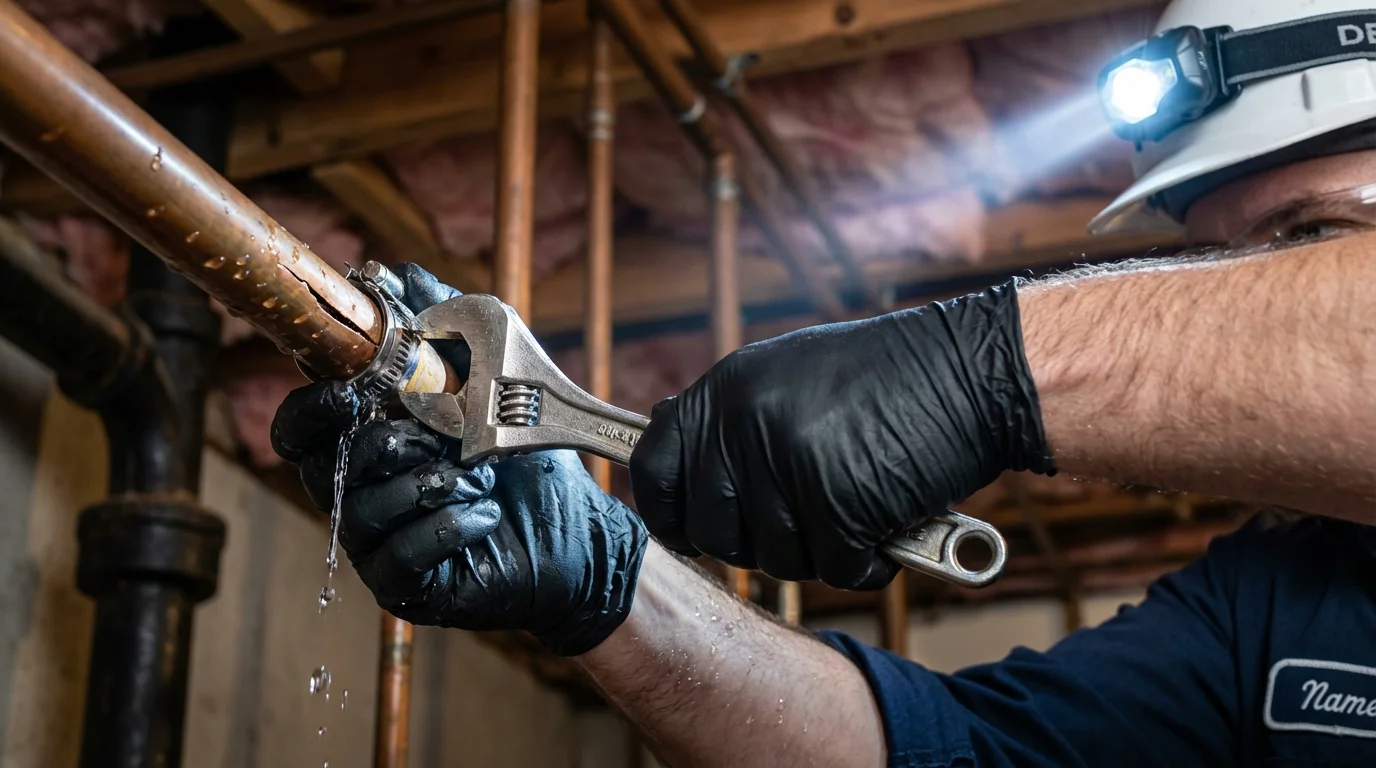 Emergency pipe clamp repair being performed by a Johns Plumbing LLC plumber in Atlantic